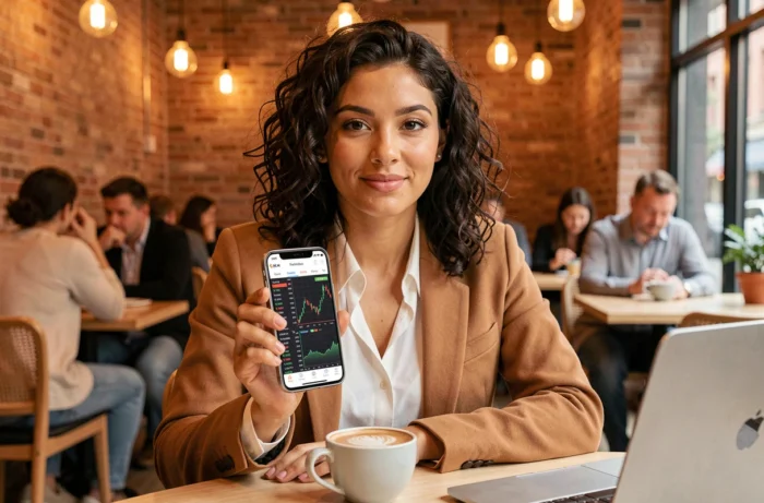 Femme consultant les actualités boursières en temps réel sur son smartphone dans un café urbain