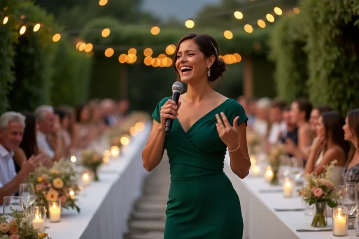 Animatrice de mariage tenant un micro et faisant rire les invités lors d'un dîner de réception en plein air