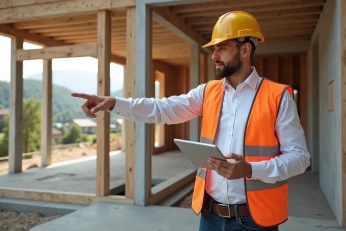 Architecte sur un chantier de construction résidentielle supervisant l'avancement des travaux avec une tablette
