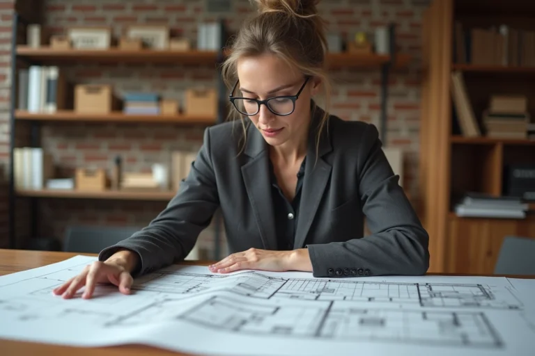 Architecte professionnelle examinant des plans architecturaux détaillés dans un studio de conception moderne