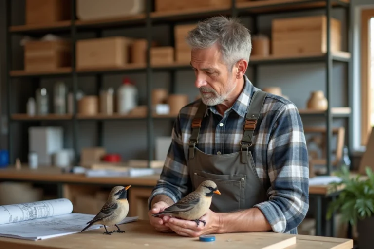 Ouvrier tenant des oiseaux en PVC et bois dans son atelier