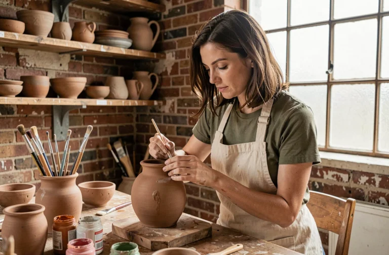 Femme peignant une poterie en céramique dans un atelier artisanal, loisir créatif tendance en 2024