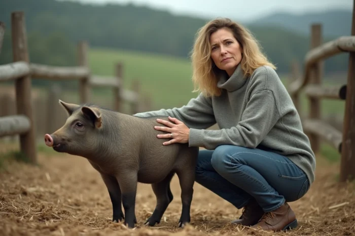 Femme bénévole dans un sanctuaire animal se connectant avec un cochon rescapé illustrant la compassion du mouvement de libération animale