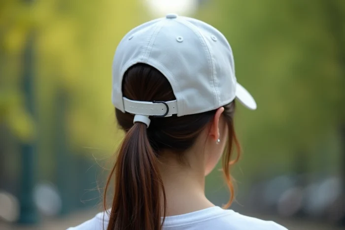 Gros plan sur la fermeture réglable d'une casquette de baseball portée par une jeune femme de dos