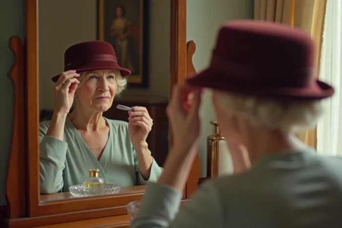 Femme fixant un chapeau cloche avec des épingles à cheveux devant un miroir de coiffeuse vintage