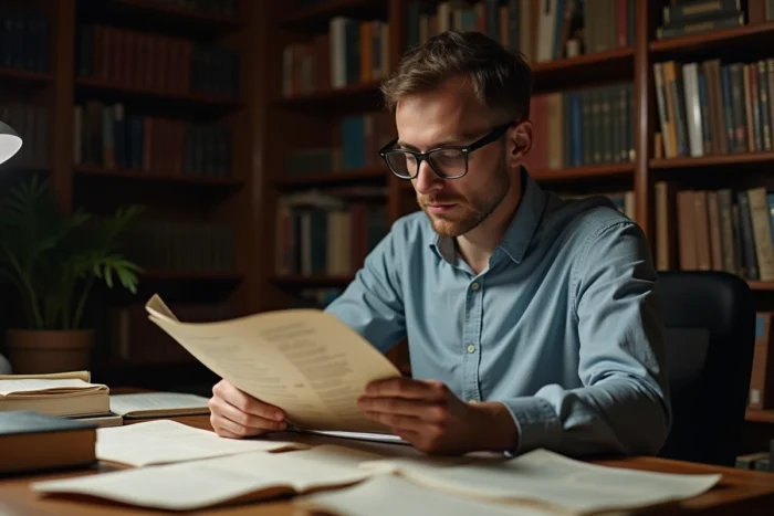 Chercheur consultant des documents académiques et historiques sur la libération animale dans une bibliothèque universitaire