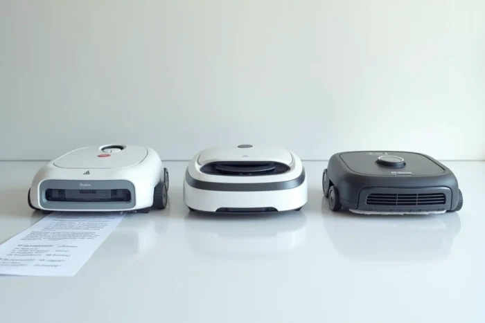 Comparatif de trois modèles de robots lave-vitres posés sur une surface blanche lors d'un test expert