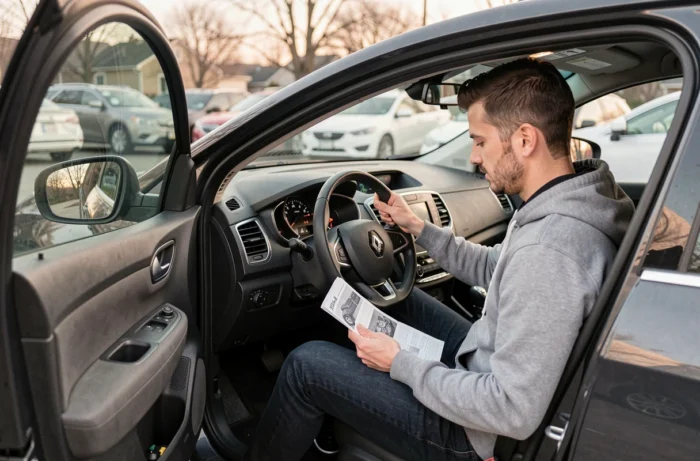 Conducteur consultant le manuel après l'apparition du code défaut 1525f3 sur le tableau de bord d'une Renault