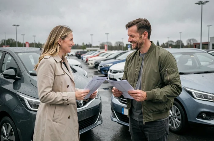 Couple comparant deux modèles de voitures dans un parking de concession automobile