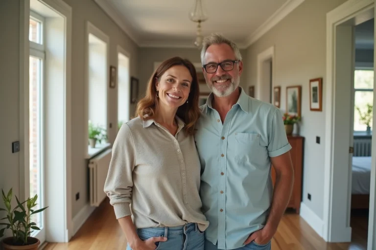 Couple d'âge moyen dans un hall moderne de maison T6