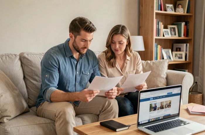 Couple de parents examinant des documents légaux pour leur site web dédié à la parentalité dans leur salon