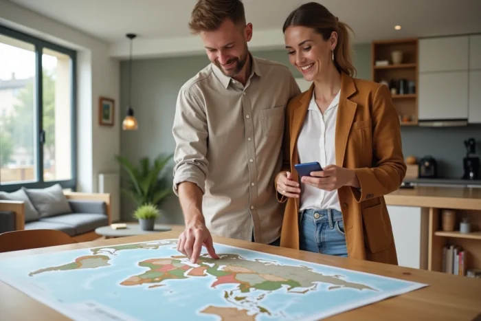 Couple planifiant un voyage ensemble autour d'une carte du monde sur une table dans un appartement moderne