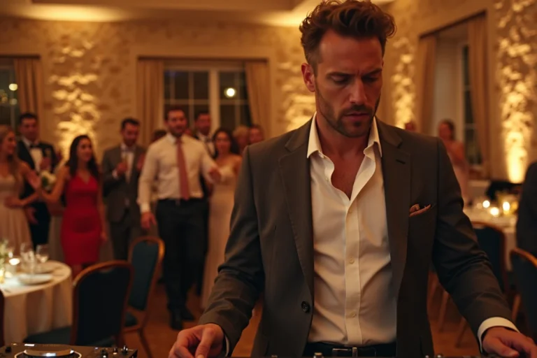DJ animant une réception de mariage dans une salle de fête élégante avec des invités dansant en arrière-plan