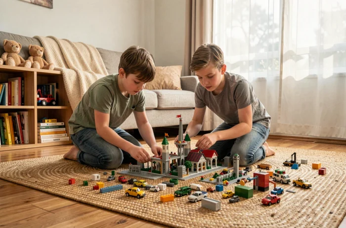 Enfants construisant une ville en LEGO dans le salon, activité familiale créative et divertissante