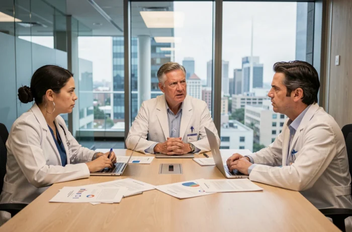 Équipe médicale en réunion de débat autour des avis controversés sur le GCA 2700