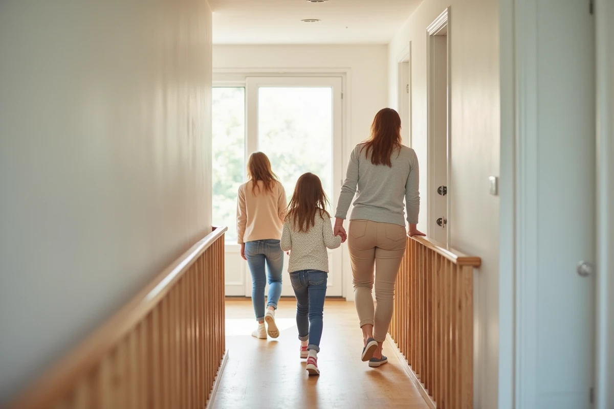 Famille avec enfants dans chambres ouvertes de maison T6