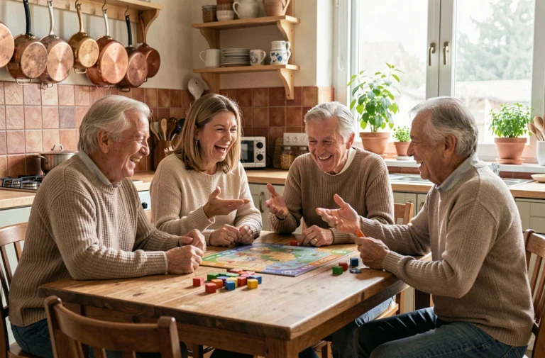 Famille réunie autour d'un jeu de société à la maison pour un moment de divertissement quotidien
