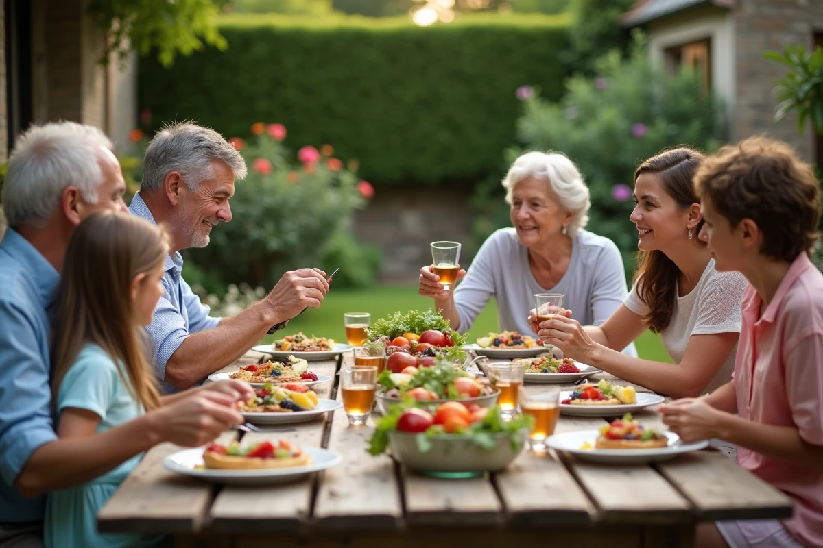 Famille multigeneration partageant un repas dans le jardin