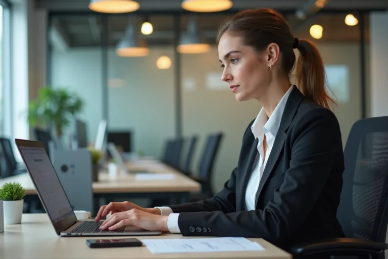 Femme professionnelle travaillant sur son ordinateur dans un bureau moderne