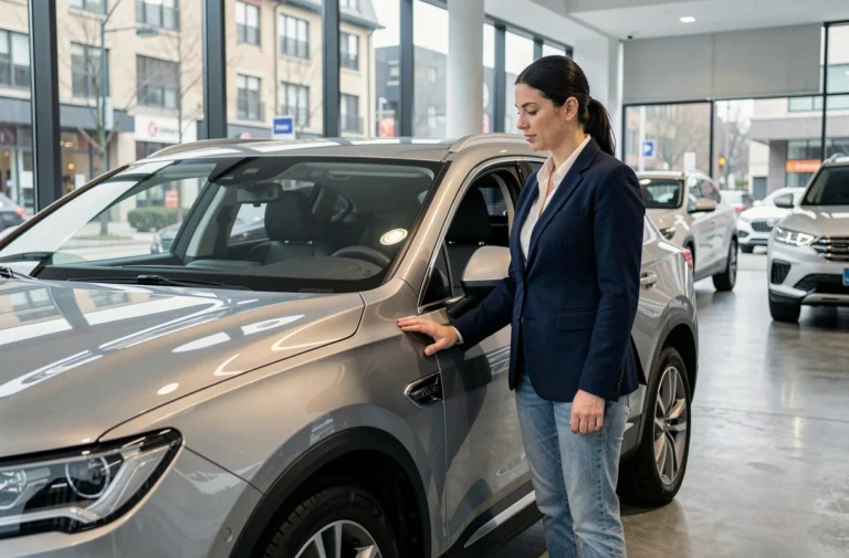 Femme examinant un SUV moderne dans une concession automobile en 2024