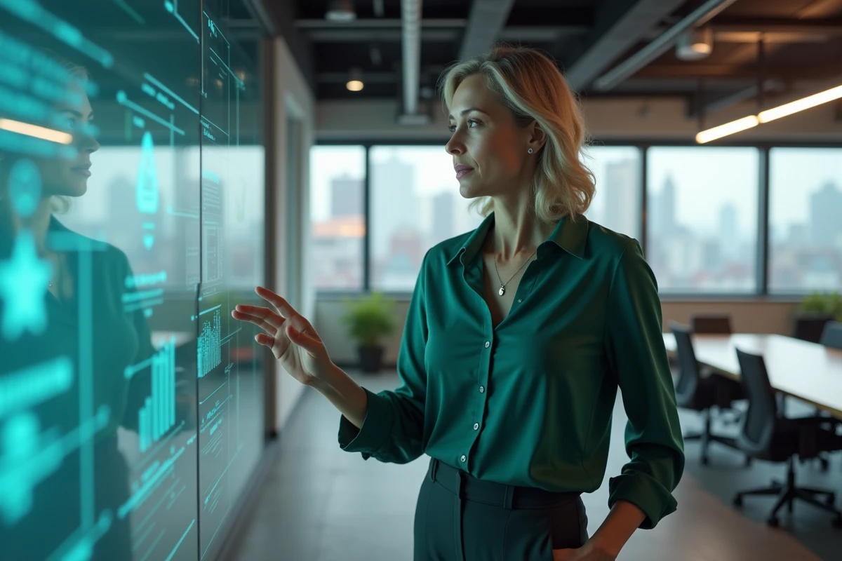 Femme professionnelle en réunion avec écran tactile