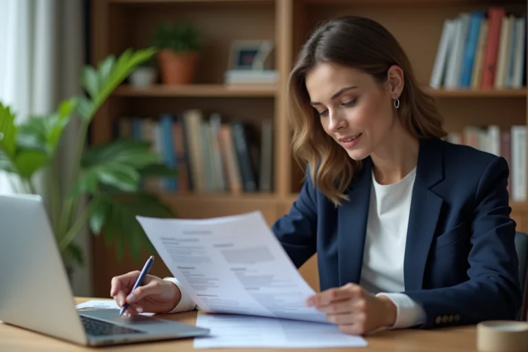 Femme professionnelle relisant son CV informatique à son bureau avec un ordinateur portable ouvert