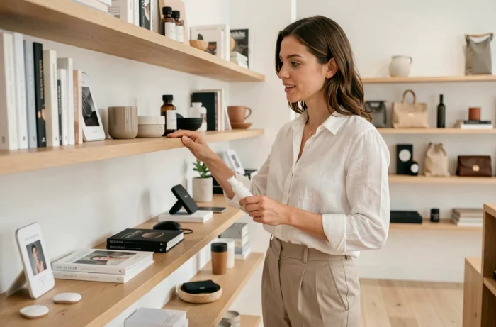 Femme découvrant une sélection de nouveaux produits tendance dans une boutique moderne et minimaliste