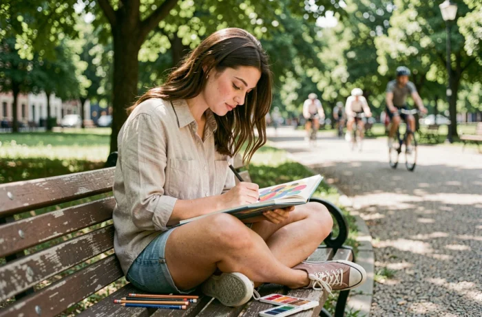 Jeune femme dessinant dans un parc, activité créative et relaxante pour se divertir au quotidien