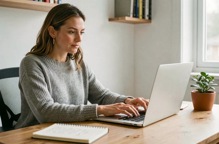 Femme tapant sur un ordinateur portable dans un bureau à domicile pour gérer les mentions légales de son site de parentalité