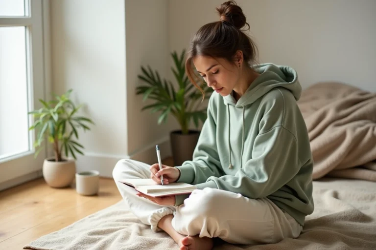 Femme épanouie écrivant dans un journal intime dans un intérieur minimaliste cosy pour adopter de nouvelles habitudes de vie