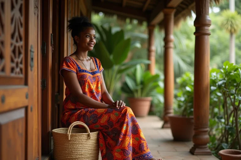 Femme malgache en robe traditionnelle lamba assise dans un cadre authentique