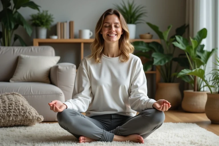 Femme souriante méditant dans son salon confortable