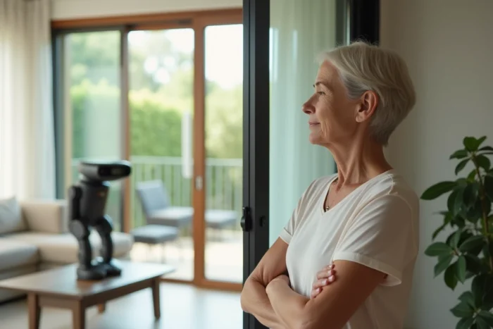 Femme observant un robot lave-vitre en fonctionnement sur une porte vitrée coulissante dans un salon