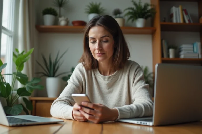 Femme d'âge moyen utilisant son smartphone à la maison