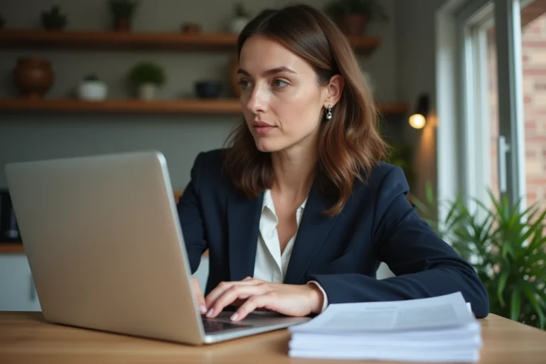Femme en blazer compare options d'assurance santé en ligne