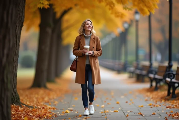 Femme se promenant en plein air en automne tenant un café, illustrant une routine quotidienne apaisante et épanouissante