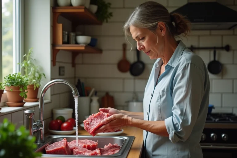 Femme en cuisine rinçant une langue de boeuf crue