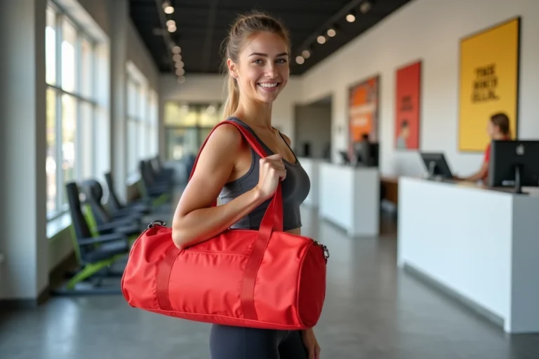 Jeune femme tenant un sac Basic Fit rouge à la réception d'une salle de sport moderne
