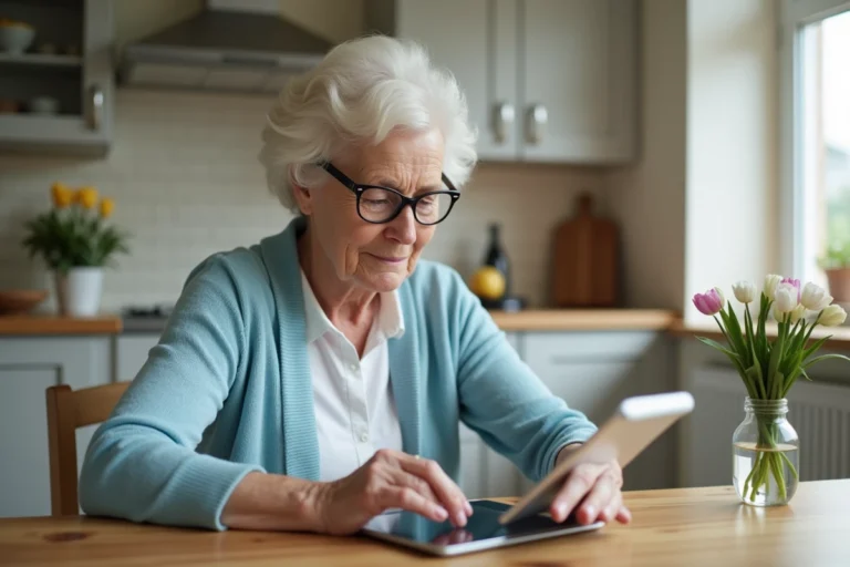 Femme senior utilisant une tablette dans la cuisine lumineuse