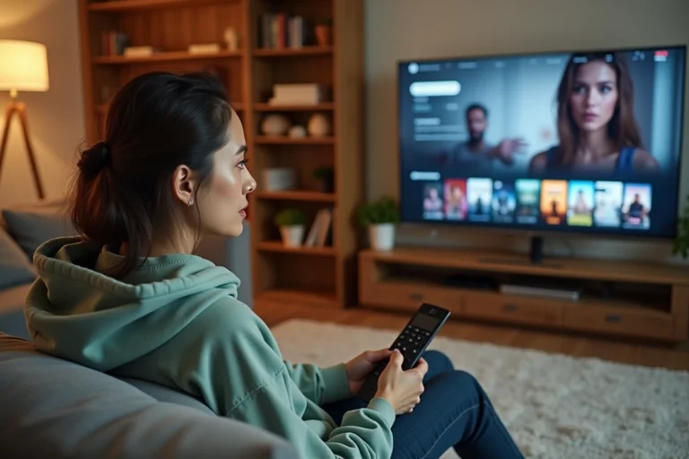 Femme cherchant un film d'animation sur une plateforme de streaming depuis son salon
