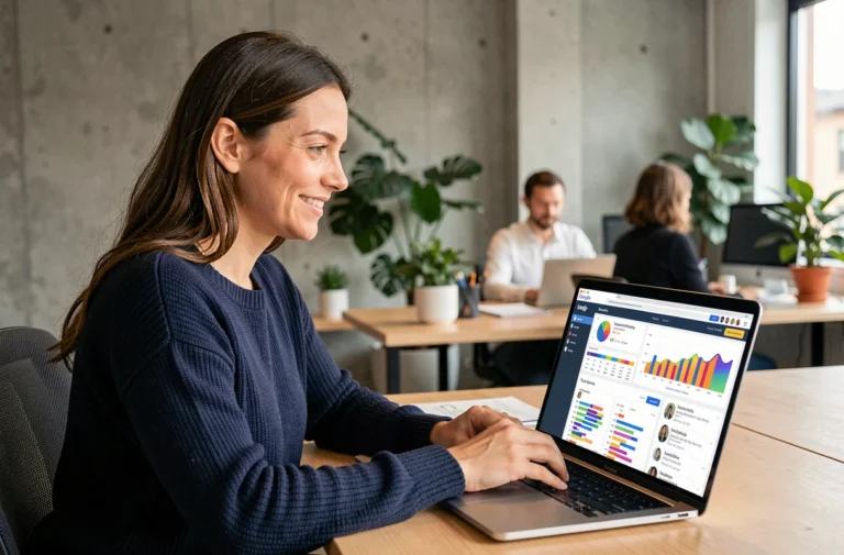 Femme professionnelle consultant les tendances numériques sur un ordinateur portable dans un bureau moderne