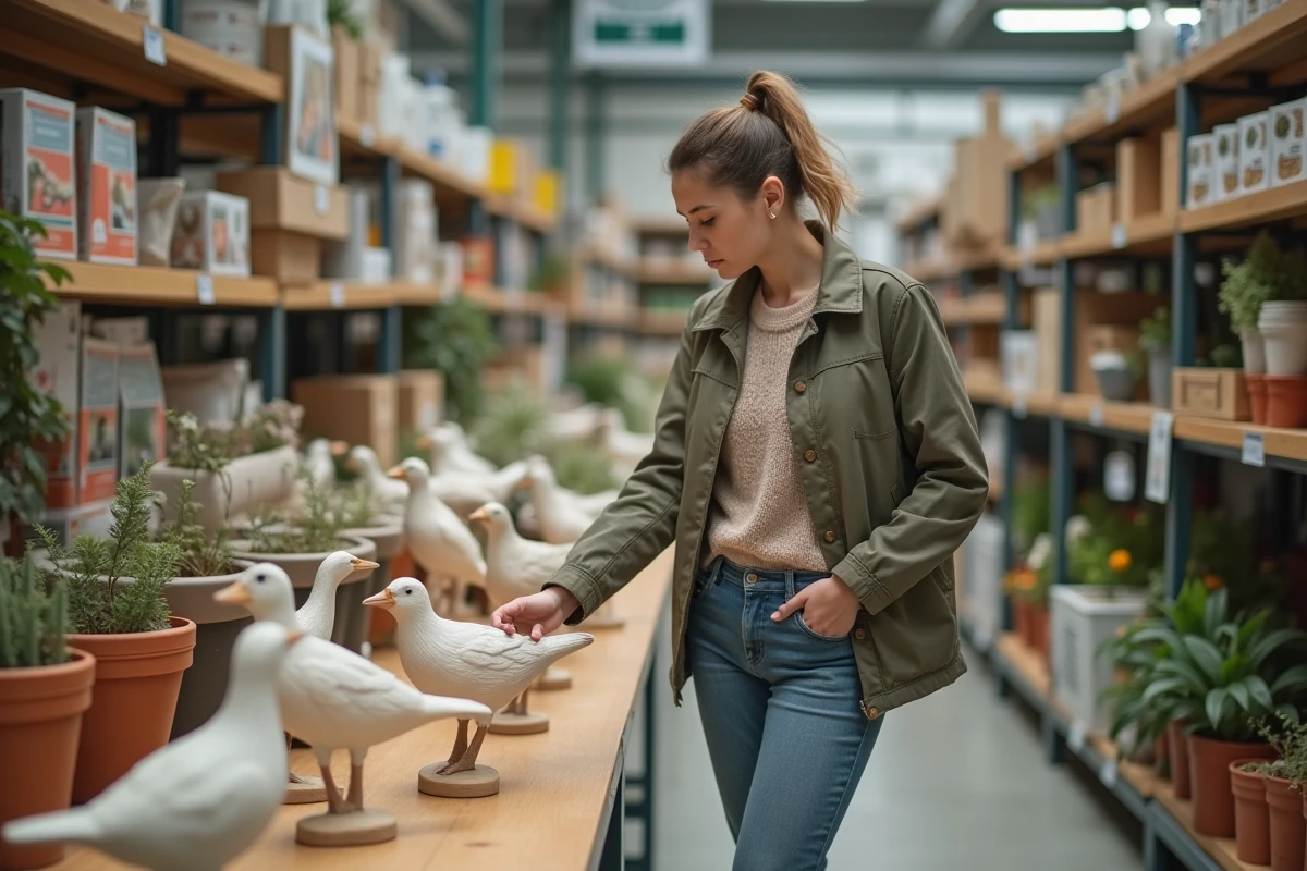 Jeune femme examinant des ornements oiseaux en magasin de bricolage