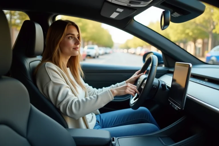 Femme en voiture électrique contemplant le mode de conduite