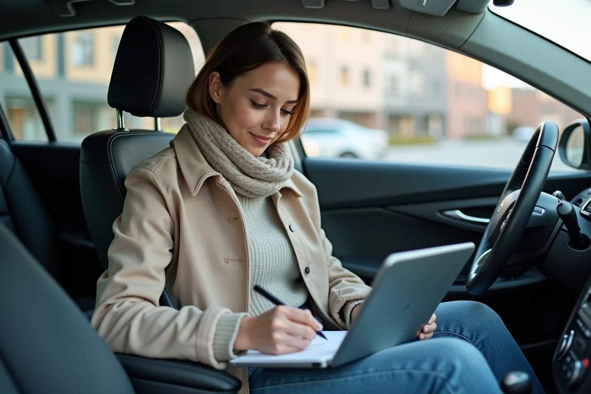 Femme prenant des notes dans une voiture en ville