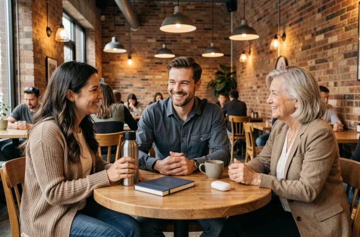 Groupe de personnes découvrant ensemble des nouveautés et produits tendance dans un café urbain convivial