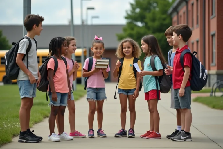 Enfants américains souriants devant l'école avec sacs à dos