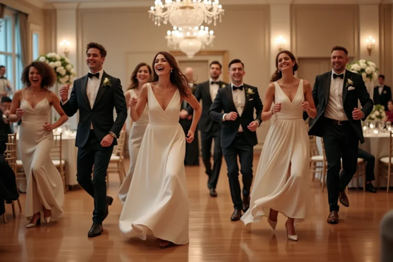 Groupe d'invites en tenue élégante lors d'un flashmob de mariage