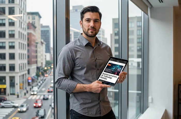 Homme consultant l'actualité web et les tendances numériques sur une tablette dans un espace de coworking urbain
