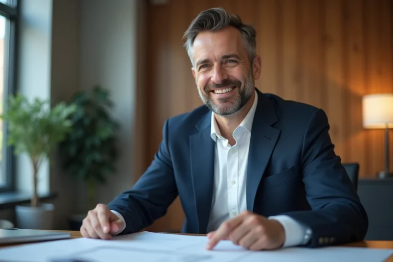 Homme d'affaires en costume navy dans un bureau moderne