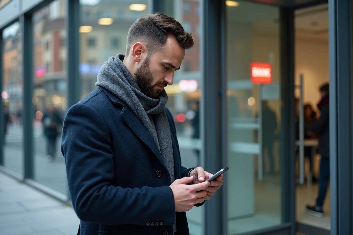 Jeune homme en manteau dans une banque urbaine